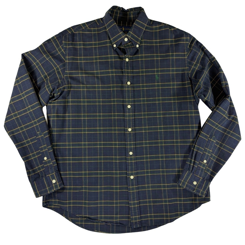 Ralph Lauren Mens L Plaid Button Down Shirt Navy Green Yellow Pony Long Sleeve